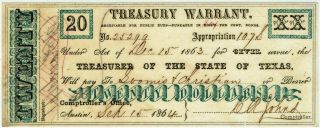 $20 Austin Texas Treasury Warrant.  A Few Light Creases.  Color.  Tw - 26.