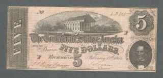 1864 Us $5 Five Dollars - The Confederate States Of America Note / Bill - S338