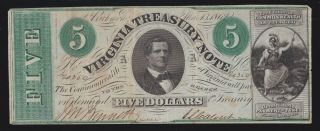 Us $5 1862 Virginia Treasury Note Obsolete Currency Vf - Xf (350)