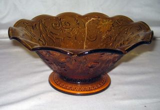 Vintage Indiana Amber Tiara Sandwich Glass Ruffled Console Fruit Bowl 10 " Footed