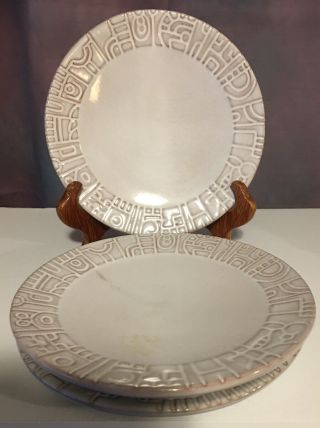 3 - Vintage Frankoma Pottery 7g Mayan Aztec Salad / Dessert Plates White 7 "