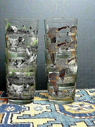 Set Of 8 Vintage Libby Old Fashioned Cocktail Glasses - Flying Geese Hunting Dog