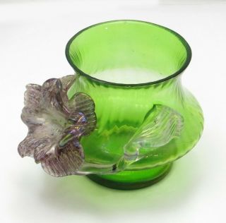 Kralik Loetz Bohemian Green Iridescent Glass Art Glass Vase Applied Flower