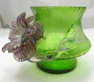 Kralik Loetz Bohemian Green Iridescent Glass Art Glass Vase Applied Flower 2