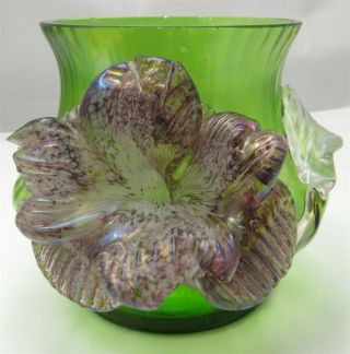 Kralik Loetz Bohemian Green Iridescent Glass Art Glass Vase Applied Flower 3