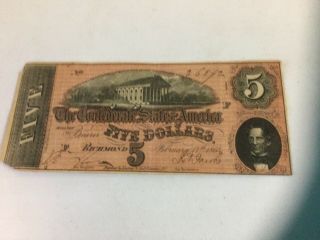 1864 $5 Us Confederate States Of America Paper Money Currency Fine