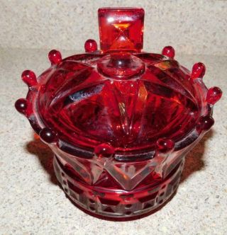 1842 Vintage Ruby Red Kings Crown Square Button Covered Fenton Candy Dish Retro