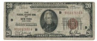 1929 Us York Ny $20 B Federal Reserve Bank National Currency Note H01687656