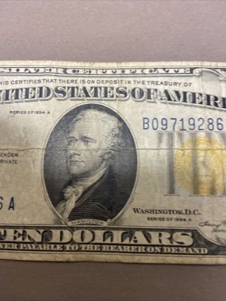 Silver Certificate 10 Dollar Bill 1934 A Gold Seal Note USA Paper Money Currency 2