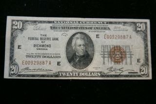 Series Of 1929 U.  S.  $20 National Currency Note Richmond Virginia Brown Seal Circ