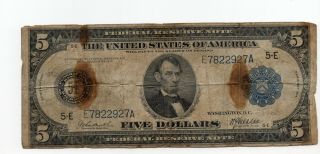 1914 $5 Federal Reserve Bank Note Richmond - Generously Circulated - Hi Res Scans