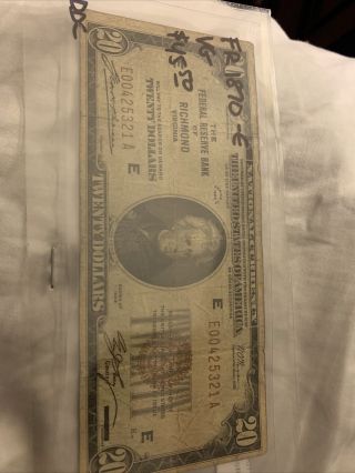1929 $20 Twenty Dollar Bill National Currency Brown Seal Richmond,  Virginia
