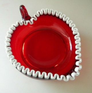 Fenton Ruby Red Heart Shaped Snow Crest Milk Glass White Ruffles Candy Dish