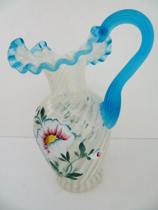 Vintage Fenton 90th Anniversity Hand Painted Aqua Blue Rib Optic Pitcher Vase