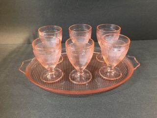 Jeanette Pink Depression Homespun 6 Juices Glasses And Tray