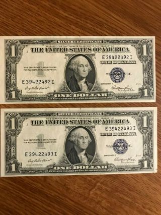 1935 E Series $1 Currency Silver Certificate 1935e 2 In Sequence