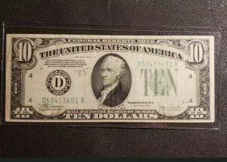 Us $10 Dollar Bill 1934,  Federal Reserve Note Bank Of Ohio Paper Currency