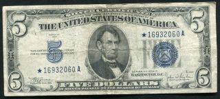 1934 - C $5 Five Dollars Blue Seal Star Silver Certificate Currency Note
