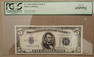 $5 Silver Certificate Fr.  1654 1934d Wide I Pcgs 65ppq