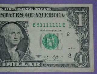 2013 $1 Fancy Serial Number Note B91111111e Binary And Near Solid Serial
