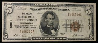 1929 $5 Nb Note Type 1 Ch 6301 Mellon National Bank Pittsburgh Pa Ca415