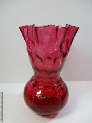 Vintage Fenton Glass 10 " Cranberry Inverted Coin Dot Thumbprint Vase