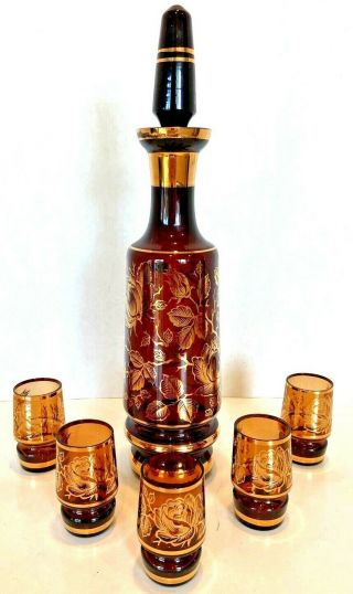 Mid Century Glass Decanter Bar Set With 5 Glasses Bohemia Gold And Amber