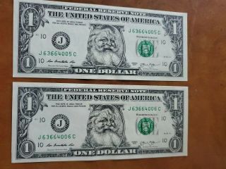 2 Santa Claus One Dollar Bill 2013 With Consecutive Serial Numbers