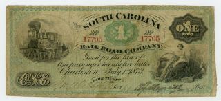 1873 $1 The South Carolina Rail Road Company " Fare Ticket " Note W/ Train