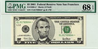 2001 $5 Star Federal Reserve Note San Francisco Fr 1988 - L Pmg 68 Epq