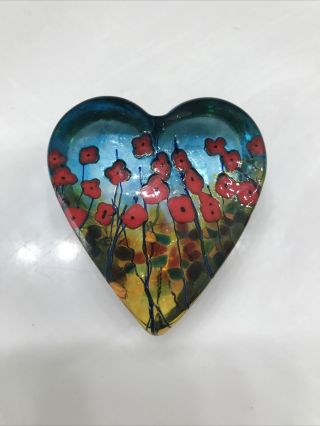 Robert Held Art Glass Heart Paperweight Rare California Red Poppies Signed
