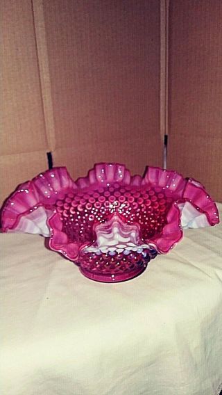 Vintage Fenton Cranberry Opalescent Hobnail Large Glass Bowl With Ruffled Edges
