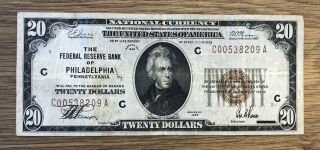 1929 $20 Federal Reserve Note Bank Of Philadelphia,  Pennsylvania