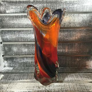 Art Glass Vase Orange Red Purple Swirl Design Twist Swung Pulled Stretched Rim