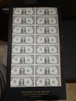 $1 1985 Uncut Sheet Sixteen Federal Reserve Notes Kansas City Dept Of Treasury