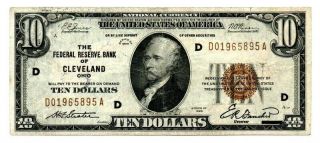 1929 $10 Dollar National Currency Brown Seal Note Cleveland,  Ohio