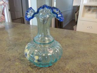 Fenton Blue Art Glass Vase Hand Painted Signed D.  Thornton Sticker 6.  5 "