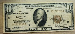 Series 1928 10.  00 Federal Reserve Note.  Fr Bank Of Cleveland - Vg - F