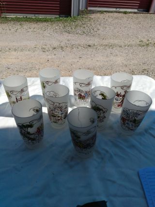 Set Of 9 Currier And Ives Frosted Painted Glasses