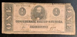1862 $1 Us Confederate States Of America Richmond 12
