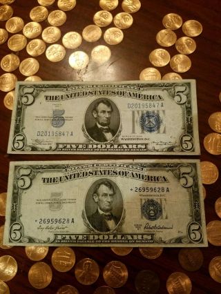 1953a $5 Silver Certificate Star Note And 1934 Blue Seal $5 Dollar Silver Cert