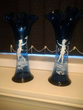 Mary Gregory Fluted Cobalt Blue Vases Stunning Rare