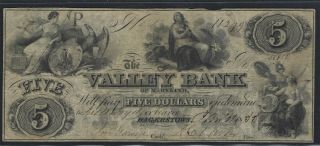 Pre Civil War 1855 Valley Bank Of Maryland (hagerstown) $5 Note