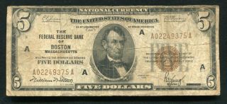 Fr.  1850 - A 1929 $5 Frbn Federal Reserve Bank Note Boston,  Ma