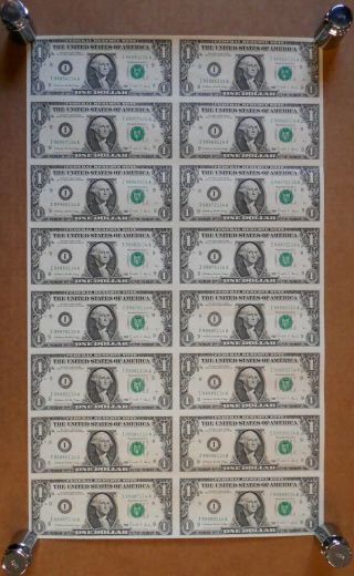 1988 - Uncut U.  S.  Currency Sheet - 16 X $1 Bills - Frn - I District - I - A Block