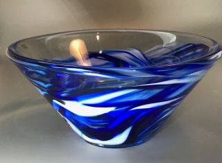 Kosta Boda Swedish Art Glass Bowl Cobalt Blue & White