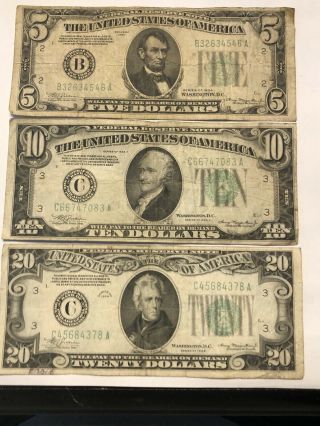 1934 Twenty,  Ten,  Five Dollar Bill Set Of (3)