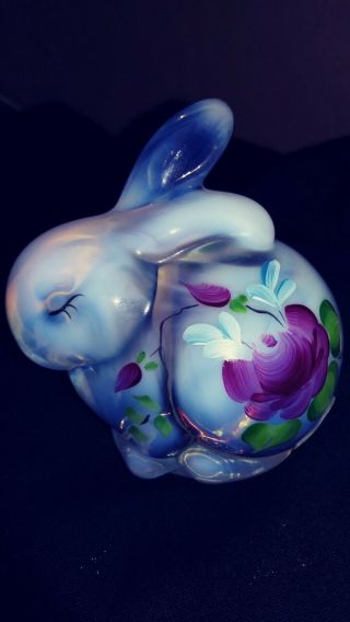 Fenton Art Glass French Opalescent Hand Painted Flowers Bunny Signed 3.  5 " T