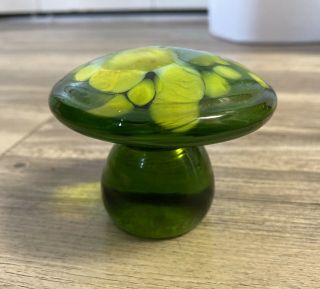 Vintage Clear Glass Mushroom Paperweight Green With Yellow Spots 3 - 1/2  Tall