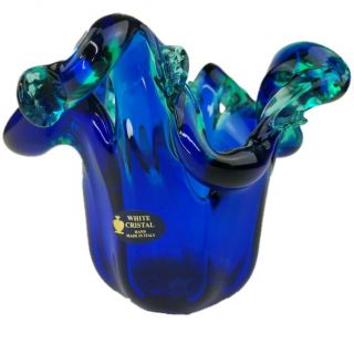 Murano Vase Cobalt Blue Green Splash Art Glass White Cristal Hand Made In Italy